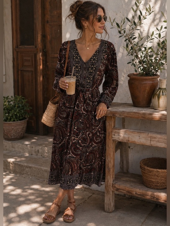 Knox Rose Dresses & Skirts - Knox Rose Boho Paisley Midi Dress Navy Red Floral Print Button Front Small